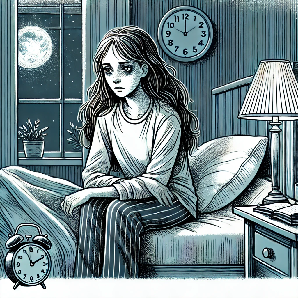 DALL·E 2025-02-09 22.08.25 - A detailed illustration of a woman with insomnia. She is sitting on her bed at night, looking tired and restless. The room is dimly lit by a bedside l